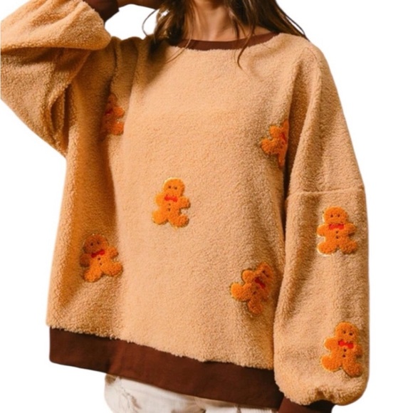 BiBi Sweaters - BiBi Women’s Brown Teddy Gingerbread Oversized Sherpa Pullover Sweater Size XL